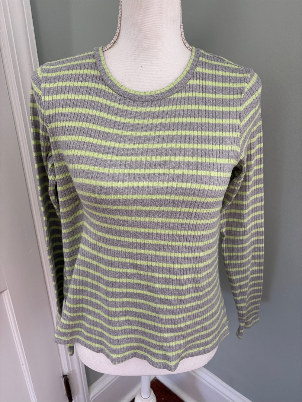 American Eagle Outfitters Gray and Lime Green Striped Long Sleeve Top Small